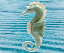 Load image into Gallery viewer, Tactile Knitted Seahorse Plush Toy Organic Cotton Sea Green