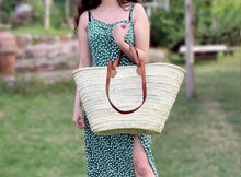 Load image into Gallery viewer, French Market Basket, Straw Bag Handmade with Leather Straps