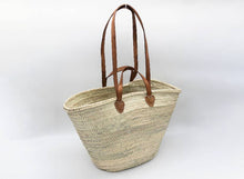 Load image into Gallery viewer, French Market Basket, Straw Bag Handmade with Leather Straps
