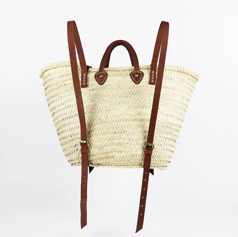 French Market Backpack with Leather Straps - Straw Tote Bag